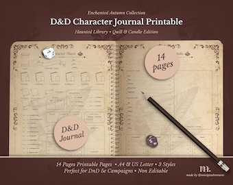 DnD 5e Character Journal Printable | RPG Sheets and Fantasy TTRPG | Haunted Library Quill Candle | DnD Character Sheet | Dungeons & Dragons