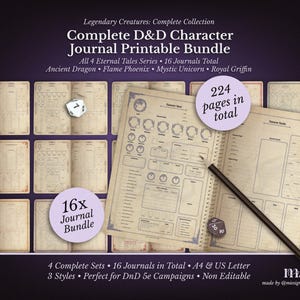 Op de afbeelding: Een Complete D&D Character Journal Printable Bundle met in totaal 224 pagina's. De bundel bevat 16 journals, met een potlood en dobbelstenen op het open journal. De tekst op het journal luidt "Character Sheet" en "Character Details".