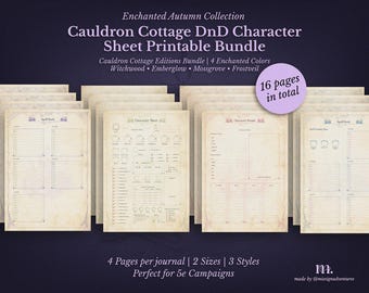 DnD 5e キャラクターシートバンドル | 印刷可能なRPGシート ファンタジーTTRPG PDF | Cauldron CottageEdition | DnD キャラクターシート | ダンジョンズ＆ドラゴンズ