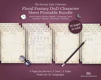 DnD 5e Character Sheet Bundle | Printable RPG Sheets Fantasy TTRPG PDF | Flower Fantasy Edition | DnD Character Sheet | Dungeons & Dragons