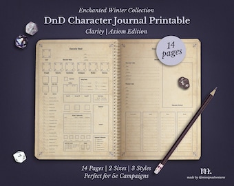 May include: A DnD Character Journal Printable, Clarity Axiom Edition, with 14 pages. The journal is open, showing character sheets and a pencil. Dice are scattered around the journal. The text reads "Enchanted Winter Collection" and "Perfect for 5e Campaigns."