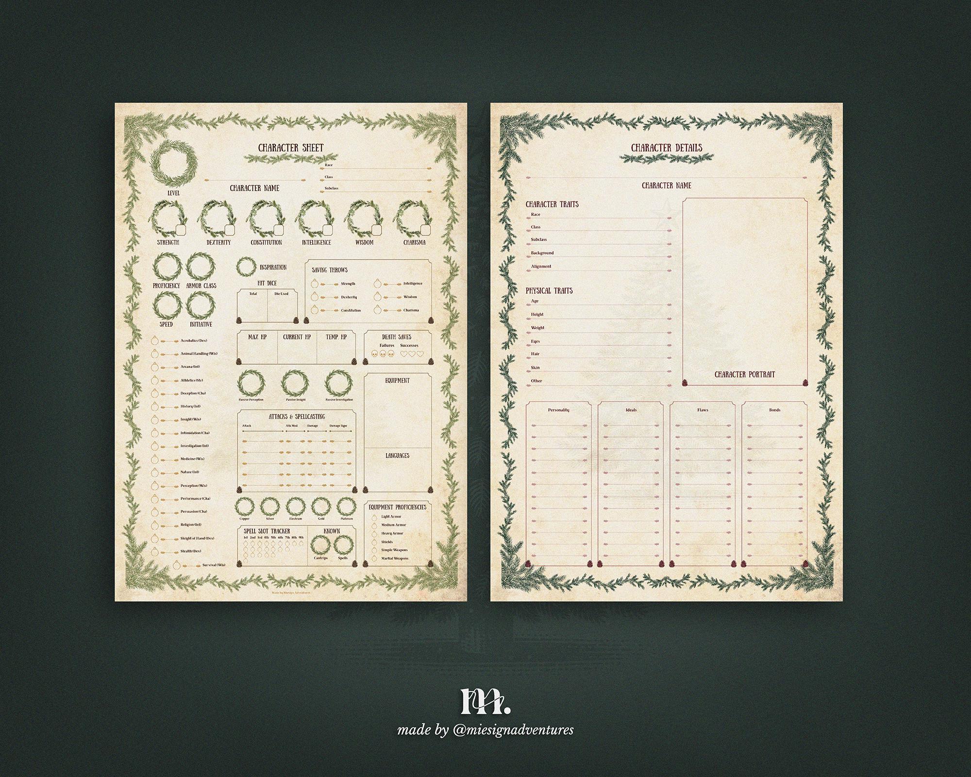 Rpg Note Sheet Dnd 5e Character Sheet Bundle | Yuletide Pines Printable RPG Sheets PDF ...