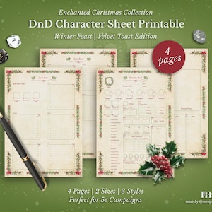 Könnte beinhalten: Ein druckbares DnD-Charakterblatt aus der Enchanted Christmas Collection. Die Winter Feast und Velvet Toast Edition zeigt vier Seiten mit festlichem Design. Ein schwarzer und goldener Stift und Würfel sind im Bild enthalten. Der Text lautet "4 Pages | 2 Sizes | 3 Styles Perfect for 5e Campaigns."