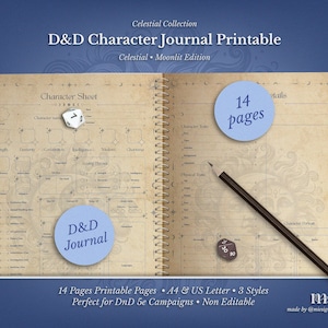 DnD 5e Character Journal Printable | RPG Sheets and Fantasy TTRPG PDF | Celestial Moonlit | DnD Character Sheet | Dungeons & Dragons