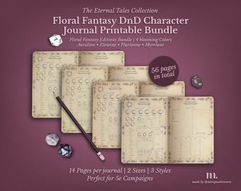 May include: A collection of printable character journals for Dungeons & Dragons, featuring floral designs and the text "Floral Fantasy DnD Character Journal Printable Bundle." The bundle includes 56 pages in total, with 14 pages per journal, available in 2 sizes and 3 styles.