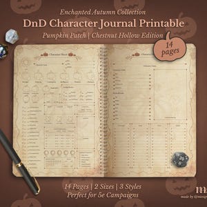 Może przedstawiać: Drukowany dziennik postaci DnD z kolekcji Enchanted Autumn. Dziennik zawiera edycję pumpkin patch i chestnut hollow. Dziennik ma 14 stron, 2 rozmiary i 3 style. Widoczny jest również czarno-złoty długopis i kości.