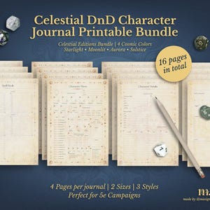 May include: A Celestial DnD Character Journal Printable Bundle with 16 pages total. The bundle includes character sheets, spell books, and character details pages. The design features celestial editions in 4 cosmic colors. Includes a pencil and dice.