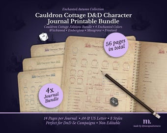 DnD 5e Character Journal Bundle | Printable RPG Sheets and Fantasy TTRPG PDF | Cauldron Cottage | DnD Character Sheet | Dungeons & Dragons