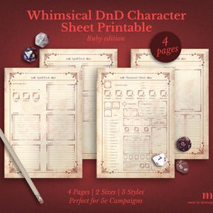 Puede incluir: Un conjunto de cuatro hojas de personaje de DnD imprimibles con un diseño de edición rubí. Las hojas presentan bordes ornamentados y están acompañadas de dados y un lápiz. El texto en las hojas incluye "Spell Book" y "Character Sheet".