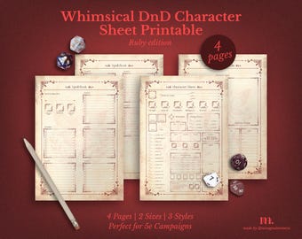 DnD 5e Character Sheet Printable | Whimsical Ruby Edition | Dungeons & Dragons Fantasy RPG PDF | A4 A5 US Letter | 4 pages