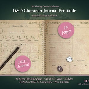 May include: A D&D Character Journal Printable with a botanical design. The journal features 14 pages and includes character sheets, character traits, and other details. The journal is perfect for DnD 5e campaigns. The journal is A4 & US Letter size.