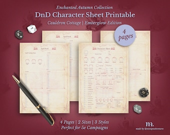 DnD 5e-tekenblad afdrukbaar | Cauldron Cottage Emberglow-editie | Dungeons & Dragons Fantasy-RPG pdf | A4 A5 US Letter | 4 pagina's