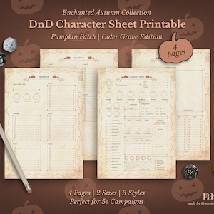 Może przedstawiać: Drukowane arkusze postaci DnD z kolekcji Enchanted Autumn, z motywem dyni. Tekst brzmi "Pumpkin Patch | Cider Grove Edition". Obraz przedstawia cztery strony ze szczegółami postaci, kości i ołówkiem.