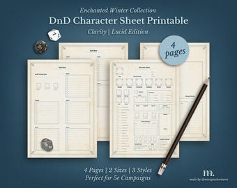 DnD 5e-tekenblad afdrukbaar | Clarity Lucid Edition | Dungeons & Dragons Fantasy-RPG pdf | A4 A5 US Letter | 4 pagina's
