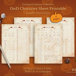 May include: A DnD Character Sheet Printable, Pumpkin Patch edition, with four pages. The design features a vintage style with pumpkin illustrations. Includes a pencil and several dice. The text reads "Enchanted Autumn Collection".