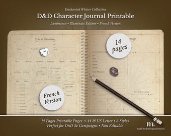 Journal des personnages D&D 5e imprimable | Partitions de RPG français Fantasy TTRPG PDF | Luminance Illumination | Fiche de personnage du MdD | Donjons et dragons