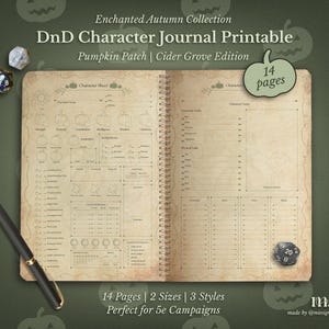 May include: A DnD Character Journal Printable, part of the "Enchanted Autumn Collection", with a spiral binding and character sheets. The journal has a vintage design and includes 14 pages. A black and gold pen and dice are also visible in the image.