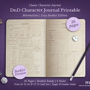 May include: An open character journal with a beige interior, featuring character sheets and a pencil. The journal is labeled "DnD Character Journal Printable" and includes the text "16 pages" and "Booklet Version". Dice are scattered around the journal on a purple background.
