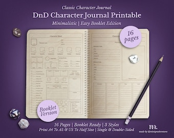 May include: An open character journal with a beige interior, featuring character sheets and a pencil. The journal is labeled "DnD Character Journal Printable" and includes the text "16 pages" and "Booklet Version". Dice are scattered around the journal on a purple background.