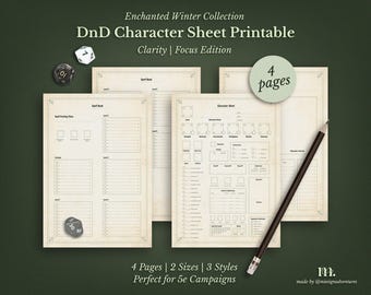 DnD 5e-tekenblad afdrukbaar | Clarity Focus-editie | Dungeons & Dragons Fantasy-RPG pdf | A4 A5 US Letter | 4 pagina's