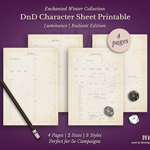 May include: A printable DnD character sheet set from the Enchanted Winter Collection. The image shows four pages with character stats, a spell book, and a pencil. The text reads "4 Pages | 2 Sizes | 3 Styles Perfect for 5e Campaigns."