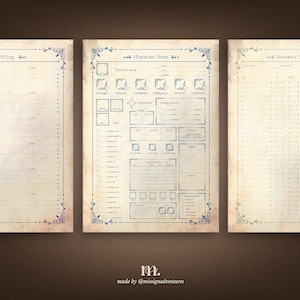 DnD 5e printable journal pages featuring NPC log character sheet and inventory tracker, fantasy themed Dungeons and Dragons character management pages designed to track items stats locations and NPC details during tabletop roleplay campaigns
