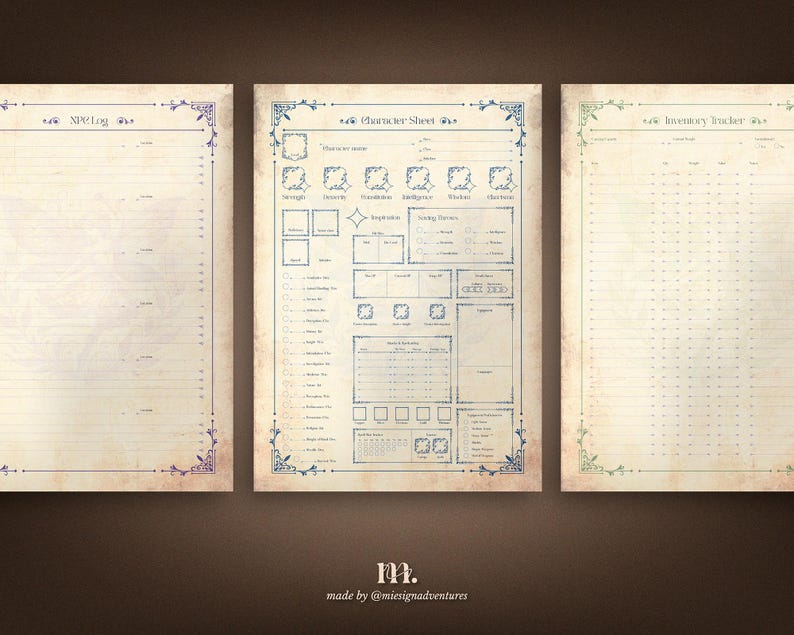 DnD 5e printable journal pages featuring NPC log character sheet and inventory tracker, fantasy themed Dungeons and Dragons character management pages designed to track items stats locations and NPC details during tabletop roleplay campaigns