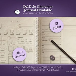 DnD 5e Character Journal Printable | RPG Sheets and Fantasy TTRPG PDF | Classic Edition | DnD Character Sheet | Dungeons & Dragons