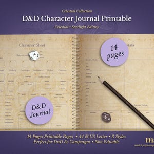 DnD 5e Character Journal Printable | RPG Sheets and Fantasy TTRPG PDF | Celestial Starlight | DnD Character Sheet | Dungeons & Dragons