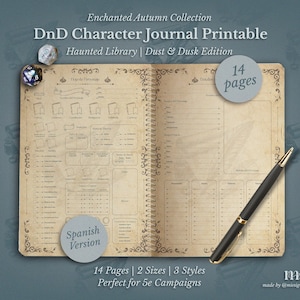 Pode incluir: Um Diário de Personagem DnD imprimível da Coleção Enchanted Autumn. O diário está aberto, mostrando 14 páginas com um design vintage. O texto diz "Haunted Library | Dust & Dusk Edition". Uma caneta preta com detalhes dourados está à direita.