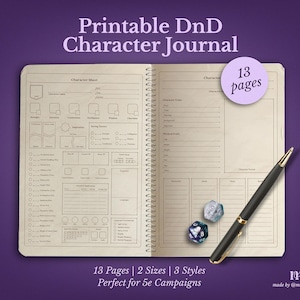 Printable DnD 5e character journal | 13 page RPG campaign journal bundle | with spell cards | A4 and US Letter PDF fantasy tabletop set