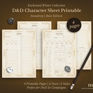 DnD 5e Character Sheet Printable | Snowdrop Root Edition | Dungeons & Dragons Fantasy RPG PDF | A4 A5 US Letter | 4 pages