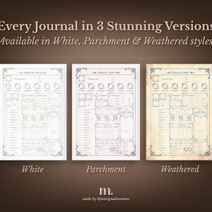DnD 5e character journal printable available in three background styles White Parchment and Weathered, fantasy inspired tabletop RPG character sheets designed for immersive Dungeons and Dragons campaigns with elegant ornamental borders and classic parchment textures