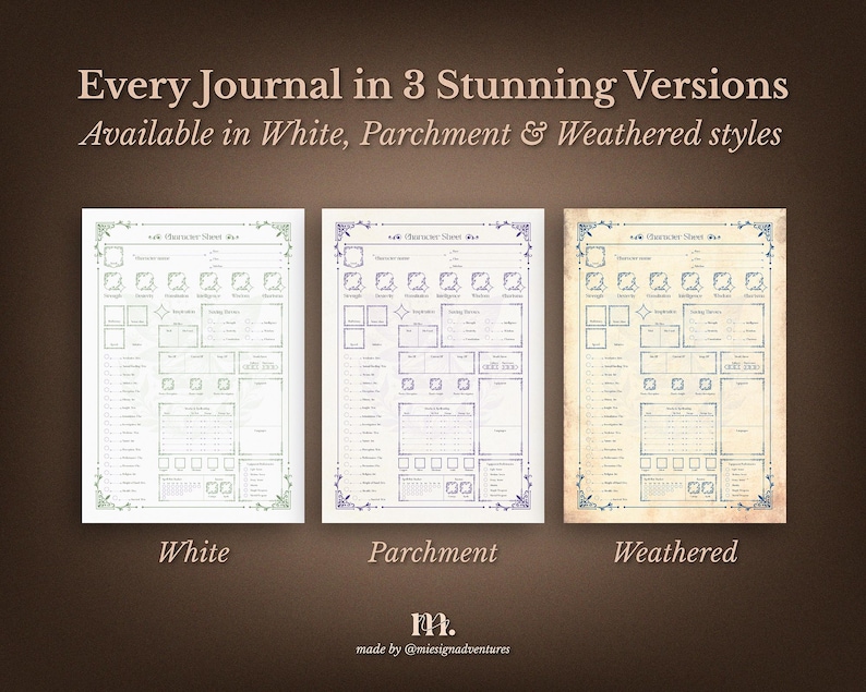 DnD 5e character journal printable available in three background styles White Parchment and Weathered, fantasy inspired tabletop RPG character sheets designed for immersive Dungeons and Dragons campaigns with elegant ornamental borders and classic parchment textures