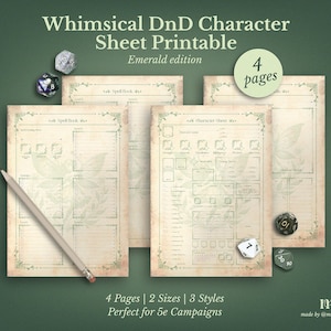 DnD 5e character sheet printable Emerald Edition | 4 page fantasy RPG journal | A4 and US Letter PDF | tabletop roleplaying character set