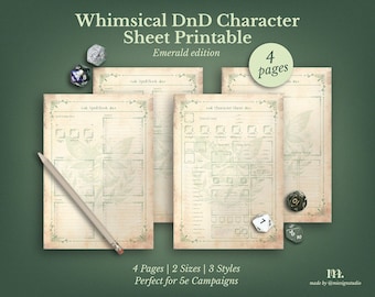 DnD 5e Character Sheet Printable | Whimsical Emerald Edition | Dungeons & Dragons Fantasy RPG PDF | A4 A5 US Letter | 4 pages