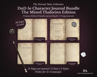 May include: A bundle of four printable DnD 5e character journals, The Mixed Thalorien Edition, with 56 pages in total. Each journal features a unique design: Botanical Garden, Dark Romance, Medieval Castle, and Floral Fantasy. Includes a pencil and dice.