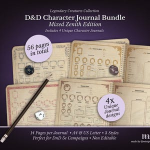 Op de afbeelding: Een bundel D&D-personagejournals met een vintage esthetiek. De journals hebben unieke ontwerpen en zijn perfect voor DnD 5e-campagnes. De afbeelding bevat dobbelstenen, een potlood en de tekst "56 pagina's in totaal" en "4x Unique Journal designs".