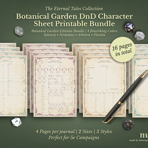 Pode incluir: Um pacote imprimível de folhas de personagens Botanical Garden DnD. As folhas apresentam desenhos florais e estão disponíveis em quatro cores. O pacote inclui um total de 16 páginas, com 4 páginas por diário, 2 tamanhos e 3 estilos. Uma caneta preta e dados também são visíveis.