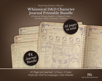 Paquete de diarios de personajes de DnD 5e / Hojas de rol imprimibles y PDF de juegos de rol de mesa de fantasía / Edición caprichosa / Hoja de personaje de DnD / Dungeons & Dragons