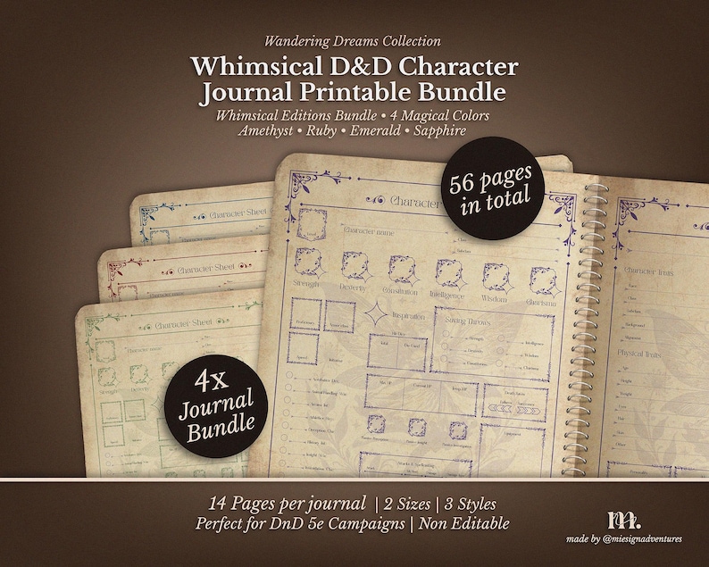 DnD 5e character journal printable bundle featuring whimsical crystal themed designs in Amethyst Ruby Emerald and Sapphire colors, including 56 total pages with character sheets spell books session logs inventory trackers and NPC logs, printable Dungeons and Dragons character journal for immersive tabletop roleplay campaigns