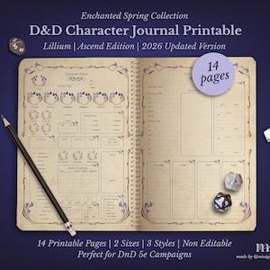 Puede incluir: Un diario imprimible de personaje de D&D, con un diseño de estilo vintage y detalles florales. El diario está etiquetado como "Lillium | Ascend Edition | 2026 Updated Version". La imagen también muestra dados y un lápiz.