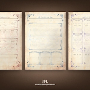 DnD 5e printable character journal pages showing main equipment sheet session log and spell cards, designed for tracking weapons armor encounters quests loot and spells, immersive fantasy Dungeons and Dragons printable for organized campaign play