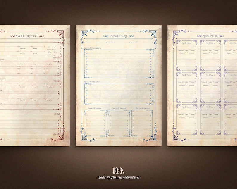 DnD 5e printable character journal pages showing main equipment sheet session log and spell cards, designed for tracking weapons armor encounters quests loot and spells, immersive fantasy Dungeons and Dragons printable for organized campaign play