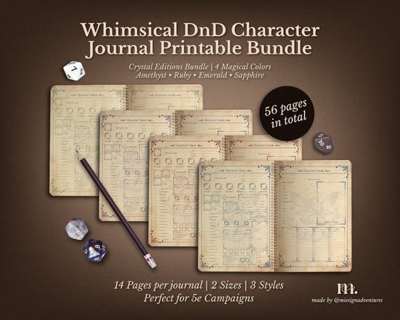 DnD 5e Character Journal Bundle Printable | Whimsical Edition  | Dungeons & Dragons Character Sheets PDF | A4 A5 US Letter | 56 pages