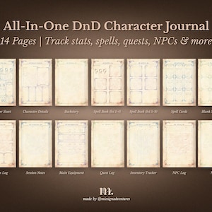 All-in-one DnD 5e character journal printable pages displaying all 14 included sheets including character sheet spell book session notes equipment quest log inventory tracker and NPC log, fantasy themed Dungeons and Dragons printable designed for tracking stats spells and story progression