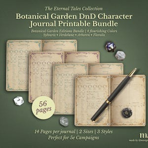 Könnte beinhalten: Eine Sammlung druckbarer DnD-Charakterjournale mit einem botanischen Garten-Thema. Das Bild zeigt mehrere Journalseiten, Würfel und einen Stift. Die Journale haben eine Vintage-Ästhetik mit floralen Akzenten und dem Text "Botanical Garden DnD Character Journal Printable Bundle".