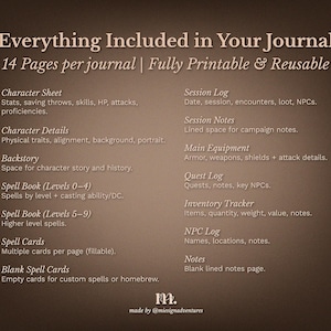 DnD 5e character journal printable pages overview showing all included sheets such as character sheet character details backstory spell book levels 0–9 session log quest log inventory tracker and NPC log, fully printable and reusable Dungeons and Dragons journal pages for organized roleplay campaigns