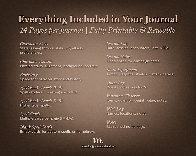 DnD 5e character journal printable pages overview showing all included sheets such as character sheet character details backstory spell book levels 0–9 session log quest log inventory tracker and NPC log, fully printable and reusable Dungeons and Dragons journal pages for organized roleplay campaigns