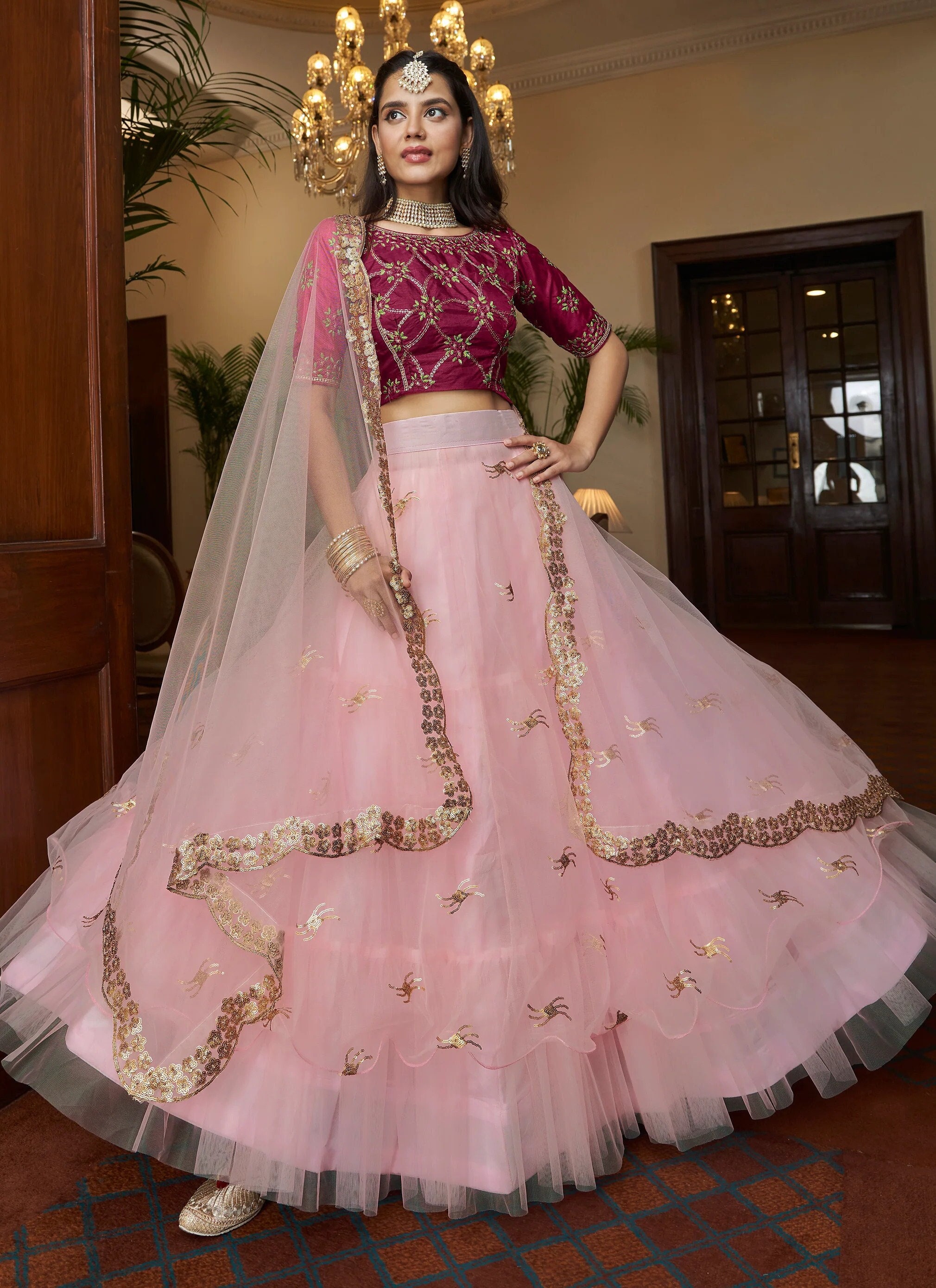 Pink and shop silver lehenga choli